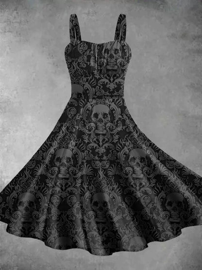 2025 Halloween Women’s Cosplay Dress – Retro Funny Horror Theme Bloody Printed Suspender Strappy Dress, Witch Costume