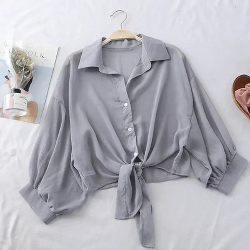 Women’s Elegant White Chiffon Blouse – Loose Fit Tied Waist Hollow Design Bat Sleeve Summer Shirt