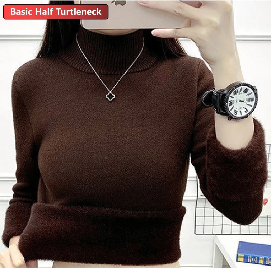Women’s Turtleneck Knitted Sweater – Elegant Thick Velvet-Lined Warm Winter Pullover