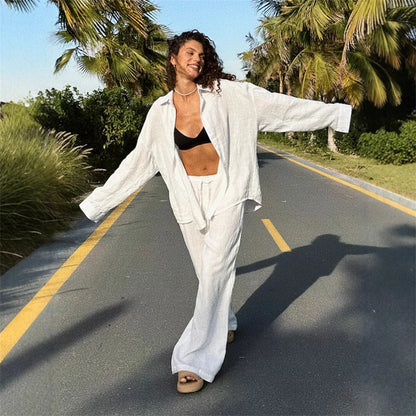 Women’s Casual Cozy Lapel Pink Shirt & Pants Set – Fashion Single-Breasted Blouse with Elastic Waist Trousers | 2025 Spring Loose Outfit