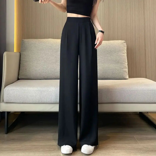 High-Waist Black Wide-Leg Pants for Women – Elegant Straight-Leg Loose Suit Trousers with Pendant Detail
