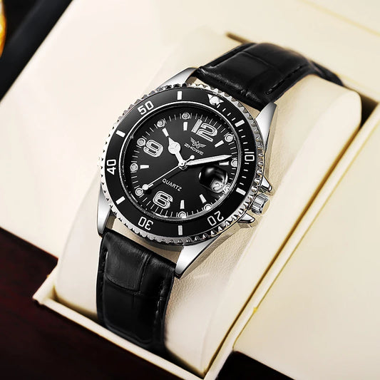 Luxury Men’s Leather Strap Watch – Waterproof Quartz Wristwatch with Calendar Display