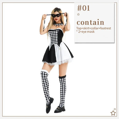 2025 Halloween Circus & Carnival Costume – Sexy Clown & Black-and-White Checkered Witch Dress for Party Performance