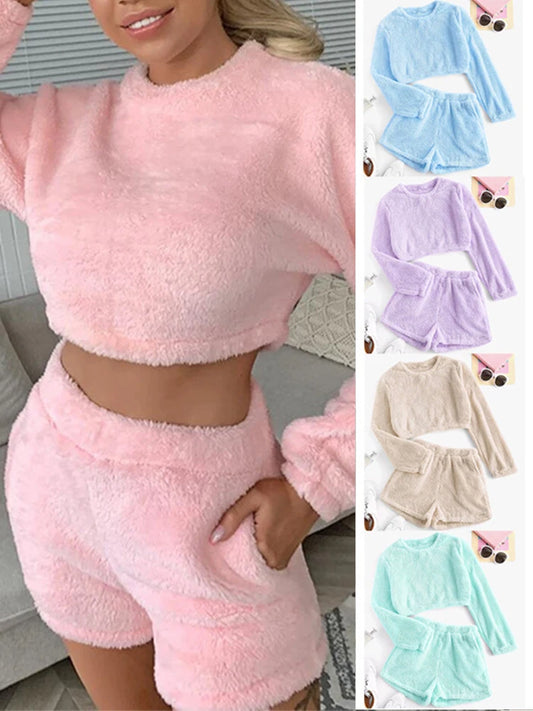 Women’s Pink Plush 2-Piece Tracksuit – Round Neck Sweatshirt & Shorts Set | Casual Home & Lounge Wear