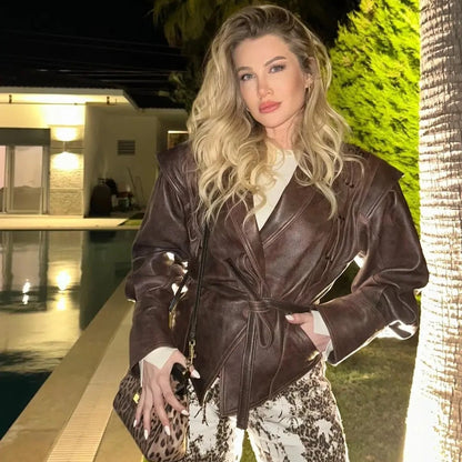 Women’s Faux Leather Belted Corset Jacket – 2025 Autumn/Winter Oversized Dropped Shoulder Coat