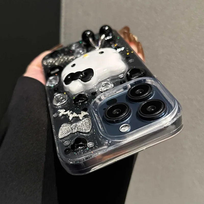 Kawayi  Hello Kitty 3d Cherry Mobile Phone Protective Case Trend Anime Fall Prevention Transparent for 14/15/16promax Xr/xsmax