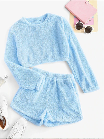 Women’s Pink Plush 2-Piece Tracksuit – Round Neck Sweatshirt & Shorts Set | Casual Home & Lounge Wear
