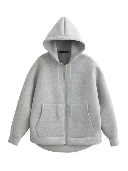 Women’s Oversized Zipper Hoodie – HH Winter High Street Loose Sweatshirt Coat with Double Pockets