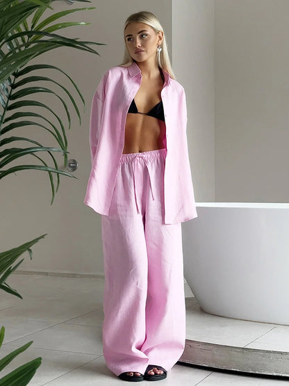 Women’s Casual Cozy Lapel Pink Shirt & Pants Set – Fashion Single-Breasted Blouse with Elastic Waist Trousers | 2025 Spring Loose Outfit