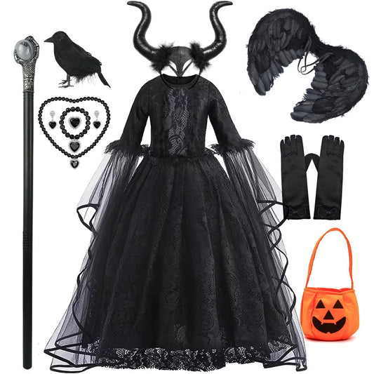 2025 Halloween Kids Evil Witch Costume – Maleficent-Inspired Black Tulle Dress for Fantasy Party & Cosplay