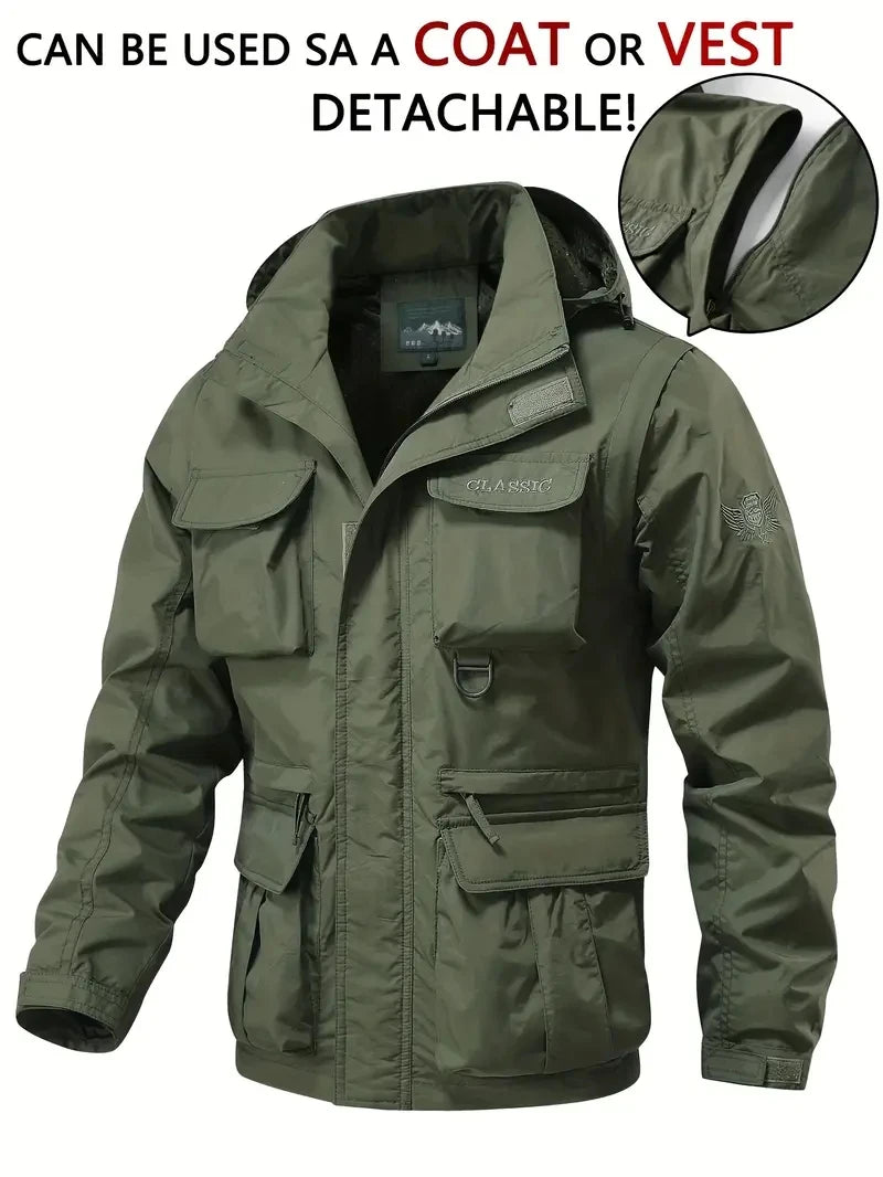 Men’s Detachable Hooded Windproof Jacket – Waterproof Multi-Pocket Outdoor Vest Coat