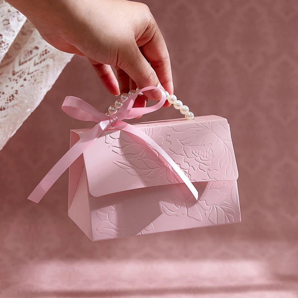 10Pcs Pink Paper Gift Boxes – 3D Flower Design with Pearl Handle for Party & Holiday Gift Packaging