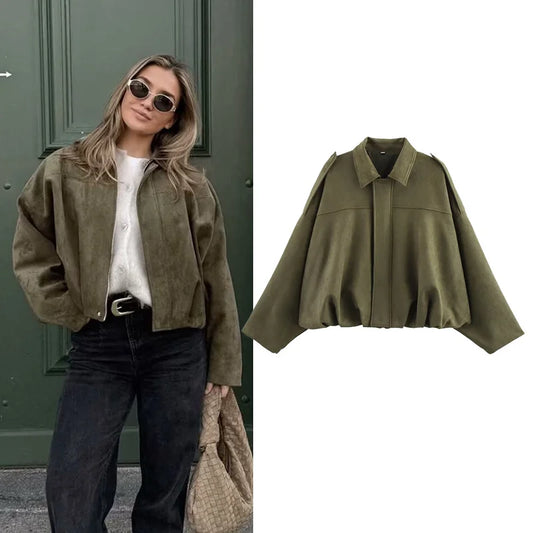 Women’s Bomber Jacket – Vintage Turn-Down Collar Loose Fashion Coat