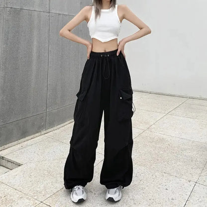 Women’s Y2K Streetwear Joggers – Low Waist Drawstring Tech Pants, Oversized Wide-Leg Baggy Sweatpants
