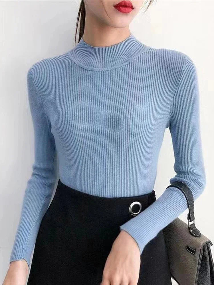 Autumn Winter Women’s Mock Neck Slim Knit Sweater