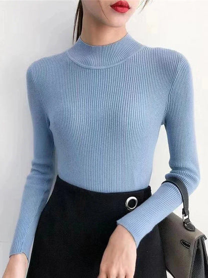 Autumn Winter Women’s Mock Neck Slim Knit Sweater