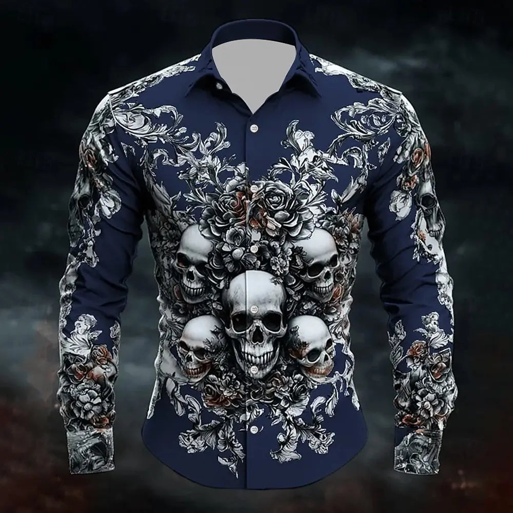 2025 Halloween Men’s Costume Shirt – Skull Print Button-Up Long Sleeve Casual Dress Shirt, Dark Gothic Style