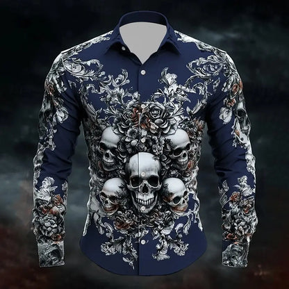 2025 Halloween Men’s Costume Shirt – Skull Print Button-Up Long Sleeve Casual Dress Shirt, Dark Gothic Style