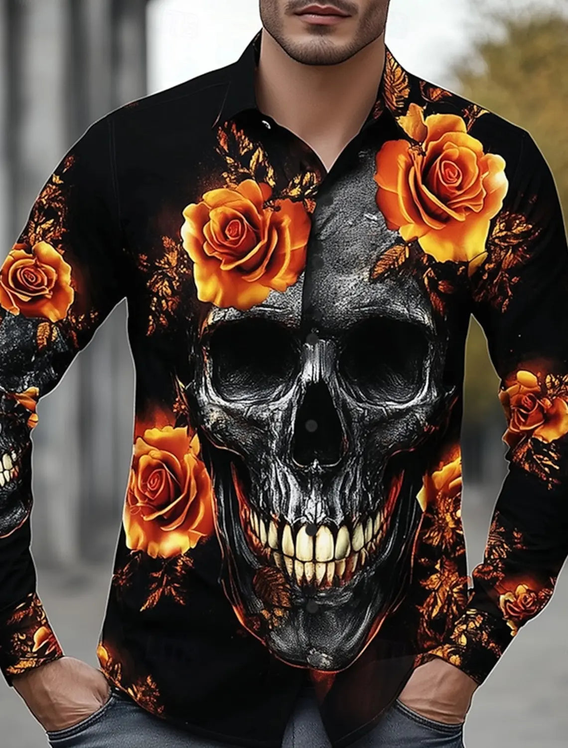 2025 Halloween Men’s Costume Shirt – Skull Print Button-Up Long Sleeve Casual Dress Shirt, Dark Gothic Style
