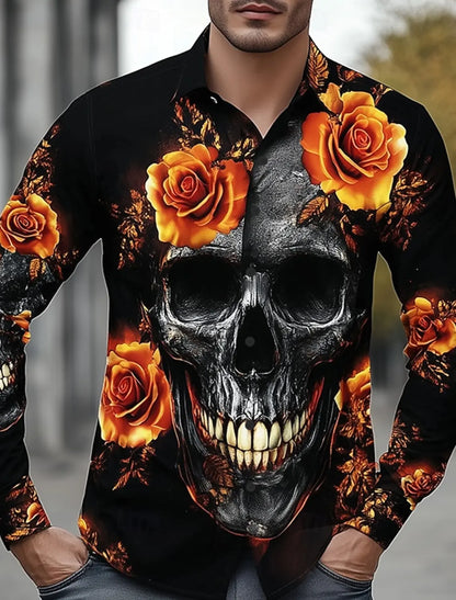2025 Halloween Men’s Costume Shirt – Skull Print Button-Up Long Sleeve Casual Dress Shirt, Dark Gothic Style
