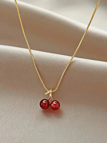 Wine Red Cherry Pendant Necklace for Women Fashion Golden Chain Fruit Jewelry Gift