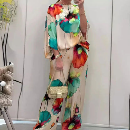 Women’s Satin Two-Piece Set – Summer Printed Round Neck Top & Wide-Leg Pants | Elegant Casual Fashion Outfit 2025