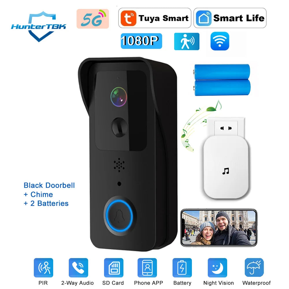 Smart WiFi Video Doorbell 1080P – 5G/2.4G Tuya Wireless Door Camera, Outdoor Waterproof Intercom with Motion Alert & Chime