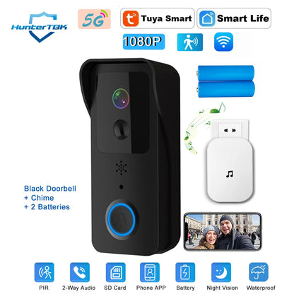 Smart WiFi Video Doorbell 1080P – 5G/2.4G Tuya Wireless Door Camera, Outdoor Waterproof Intercom with Motion Alert & Chime