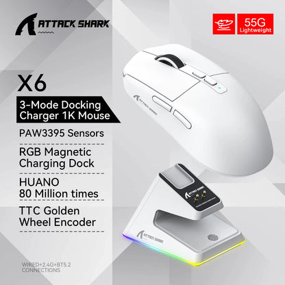 ATTACK SHARK X6 Wireless Gaming Mouse PAW3395 Sensor Tri-Mode Bluetooth RGB Magnetic Charging Base