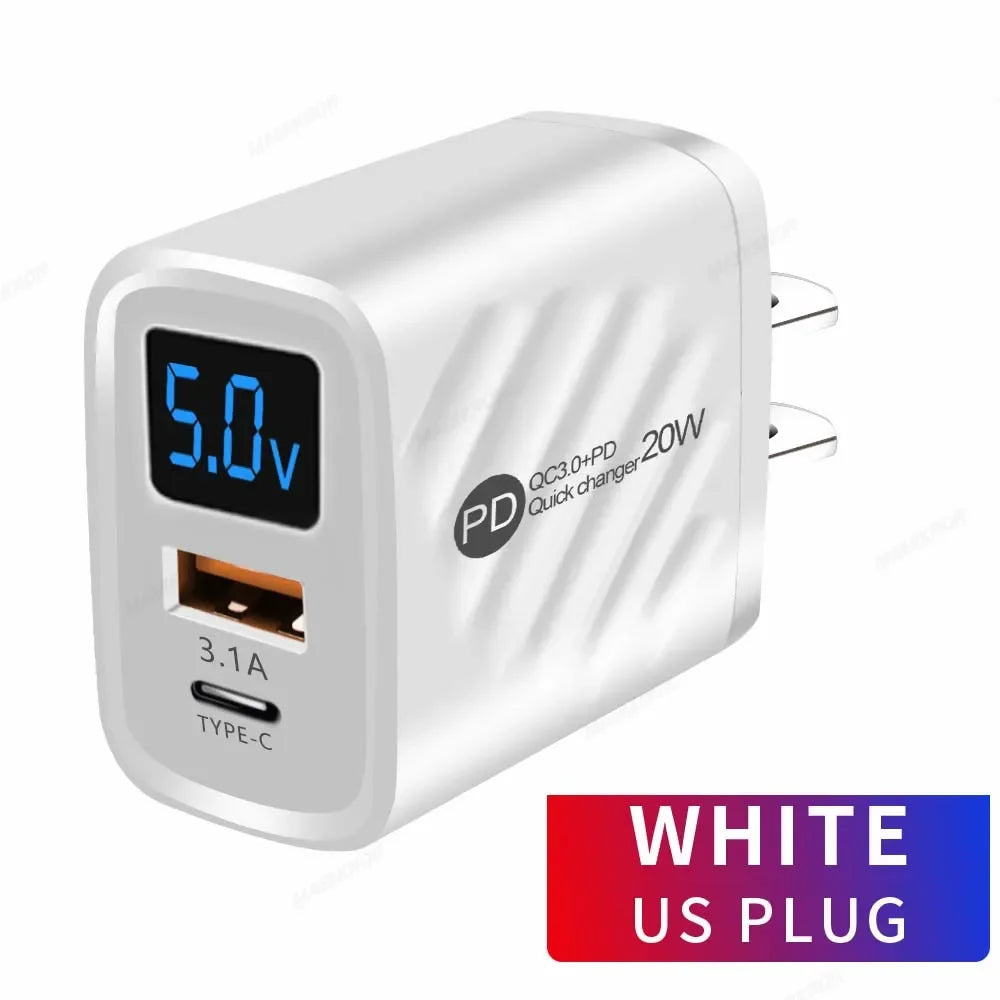 3.1A USB Fast Charger 20W USB Type C Charger PD Quick Charger QC 3.0 Digital Display Wall Power Adapter Travel Charger For Phone