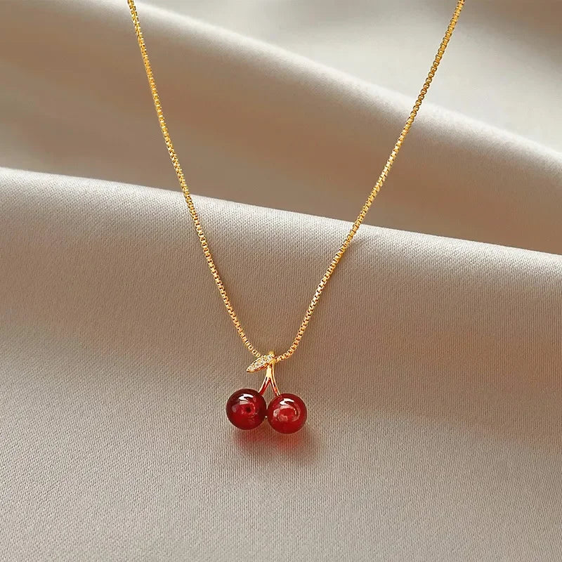 Wine Red Cherry Pendant Necklace for Women Fashion Golden Chain Fruit Jewelry Gift