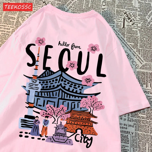 Women’s Casual Cotton T-Shirt – Seoul Scenery Printed Short Sleeve Oversize Tee | Breathable Summer TopWomen’s Clothing / Tops / T-Shirts