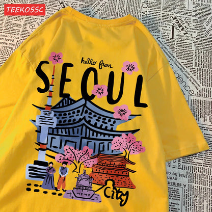 Women’s Casual Cotton T-Shirt – Seoul Scenery Printed Short Sleeve Oversize Tee | Breathable Summer TopWomen’s Clothing / Tops / T-Shirts