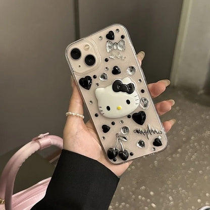 Kawayi  Hello Kitty 3d Cherry Mobile Phone Protective Case Trend Anime Fall Prevention Transparent for 14/15/16promax Xr/xsmax
