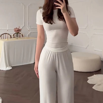 Women’s Casual 2-Piece Set – O-Neck Short Sleeve Top & Elastic Waist Trousers | Spring Summer Loungewear Outfit 2025