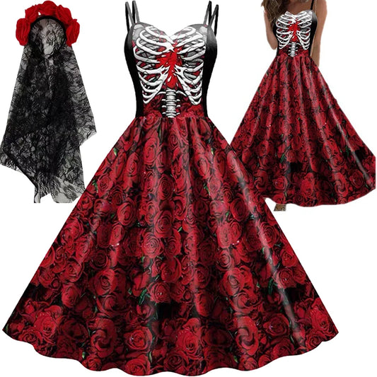 2025 Halloween Women’s Skull Print Halter Dress – Sleeveless Tunic Vintage Party Dress, Gothic Masquerade Vestido