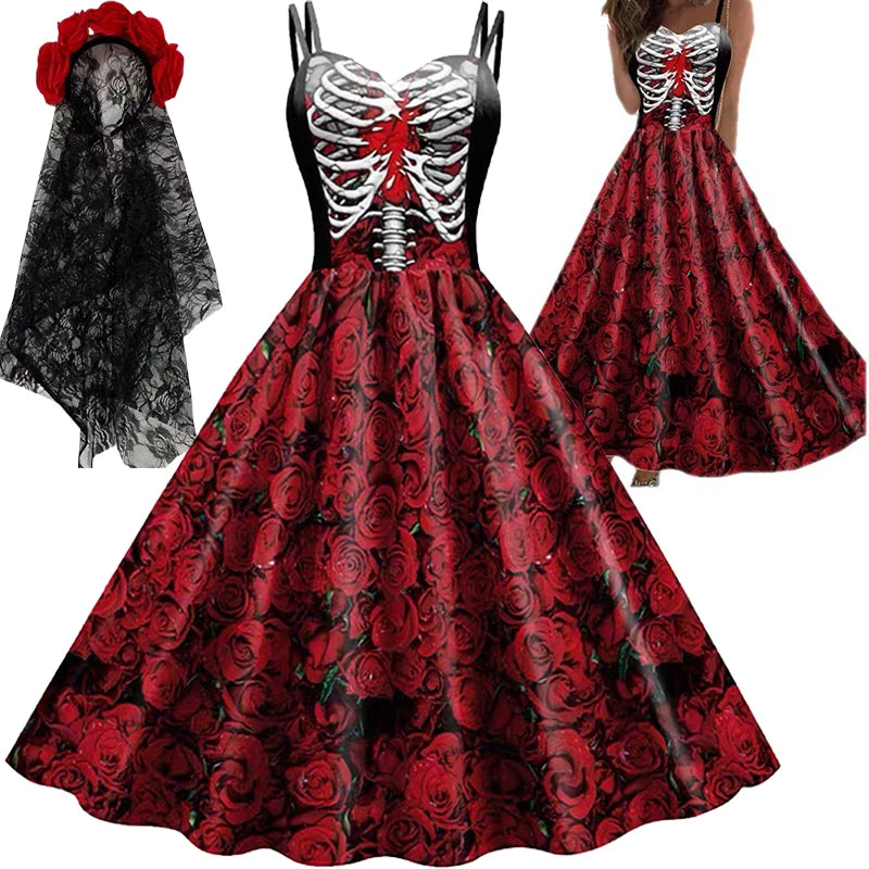 2025 Halloween Women’s Skull Print Halter Dress – Sleeveless Tunic Vintage Party Dress, Gothic Masquerade Vestido