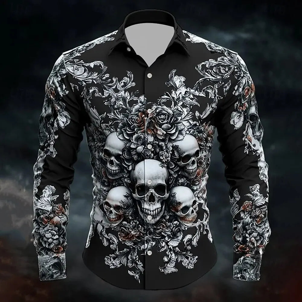 2025 Halloween Men’s Costume Shirt – Skull Print Button-Up Long Sleeve Casual Dress Shirt, Dark Gothic Style