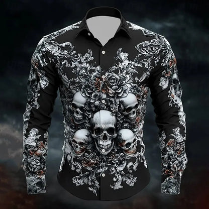 2025 Halloween Men’s Costume Shirt – Skull Print Button-Up Long Sleeve Casual Dress Shirt, Dark Gothic Style