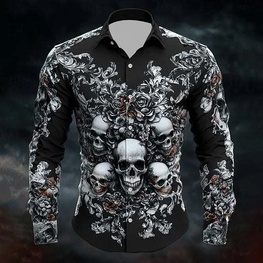 2025 Halloween Men’s Costume Shirt – Skull Print Button-Up Long Sleeve Casual Dress Shirt, Dark Gothic Style