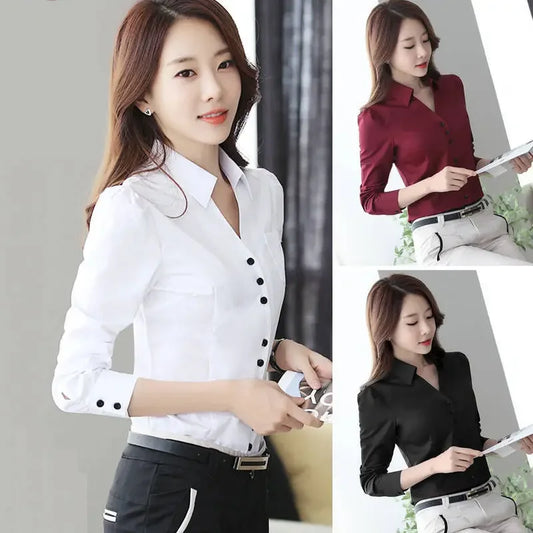 Women’s White Chiffon Blouse – Long Sleeve V-Neck Formal Shirt for Autumn
