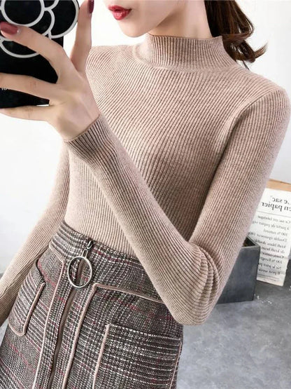Autumn Winter Women’s Mock Neck Slim Knit Sweater