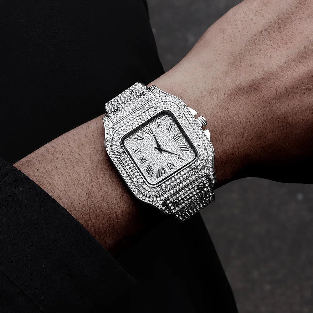 Classic Luxury Men’s Square Rhinestone Quartz Watch – Business Stainless Steel Roman Scale Wristwatch