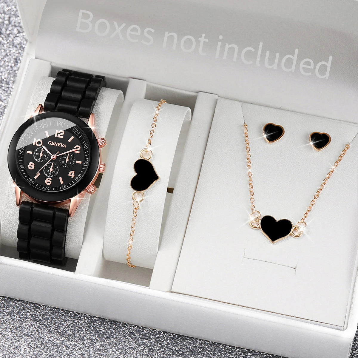 5/6PCS Women’s Quartz Watch Set Fashion Silicone Band Girls Gift Wristwatch (No Box)