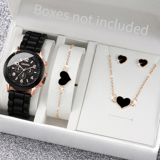5/6PCS Women’s Quartz Watch Set Fashion Silicone Band Girls Gift Wristwatch (No Box)