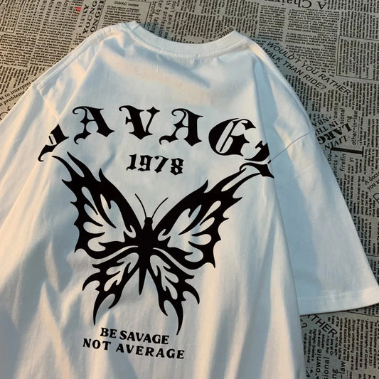 Women’s “Be Savage Not Average” Butterfly Print Oversized T-Shirt – Casual Streetwear Fashion Tee