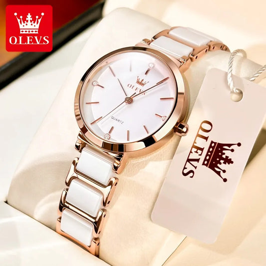 OLEVS Luxury Women’s Rose Gold Quartz Watch – Fashion Ceramic Strap Elegant Wristwatch