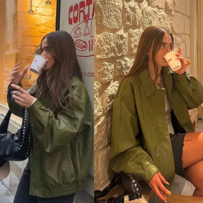 Women’s Faux Leather Belted Corset Jacket – 2025 Autumn/Winter Oversized Dropped Shoulder Coat