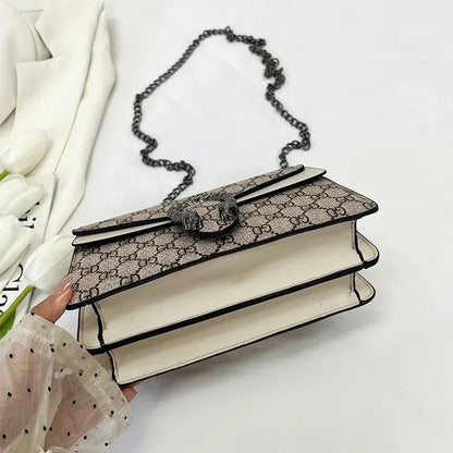 Letter Print Crossbody Bag Women's Fashion PU Design Metal Chain Strap Magnetic Lock Durable Base Daily Shopping Essential ﻿