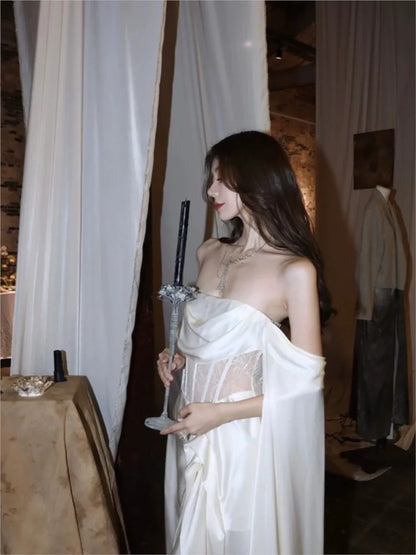2025 Adult Ceremony Dress – Light Luxury White Satin Tube Top Gown for Toast & Special Occasions